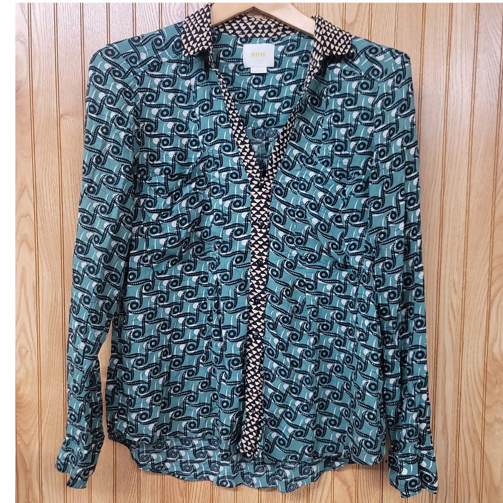 Maeve Anthropologie Teal Geometric Swirl Button Down Blouse Size 10 Long Sleeve